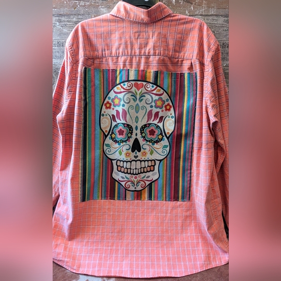 Upcycled Dip Dyed Bleached Button Down Shirt With Sugar Skull - Picture 2 of 13